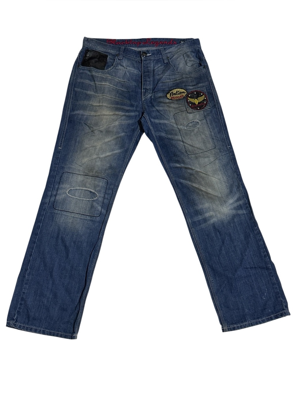 Parish Nation Jeans Mens Size 36 Medium Wash Jeans Stitched Patches Destressed